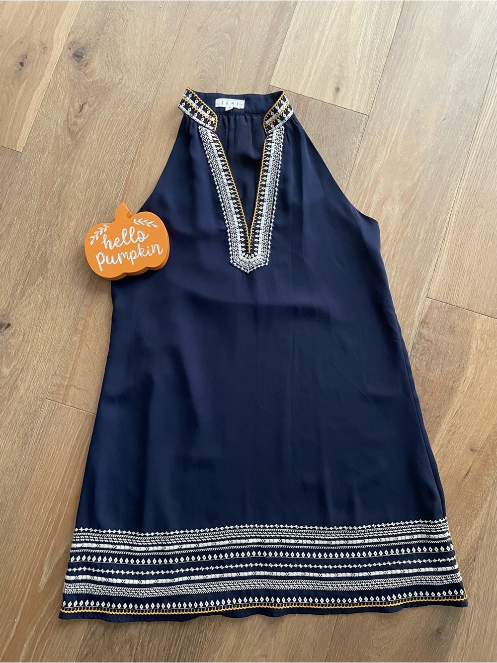 THML Navy Chana Summer Dress V-Neck Embroidered Sleeveless Shift Lined